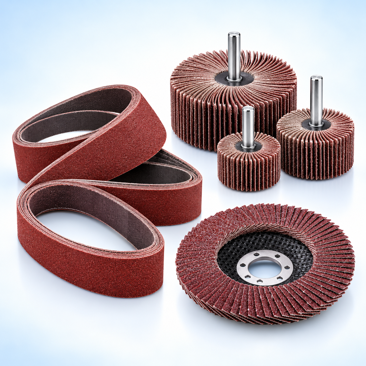 Industrial abrasive belts, flap wheels and flap discs