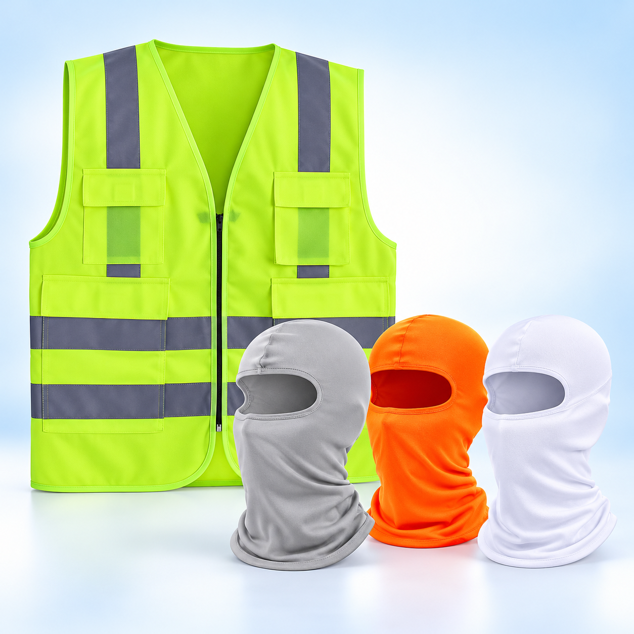 High-visibility vest and protective hoods